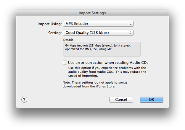 Apple iTunes import settings
