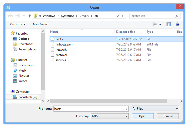 Windows Notepad open hosts file