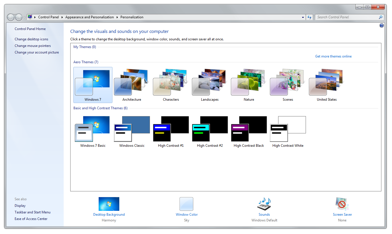 Windows 7 personalize control