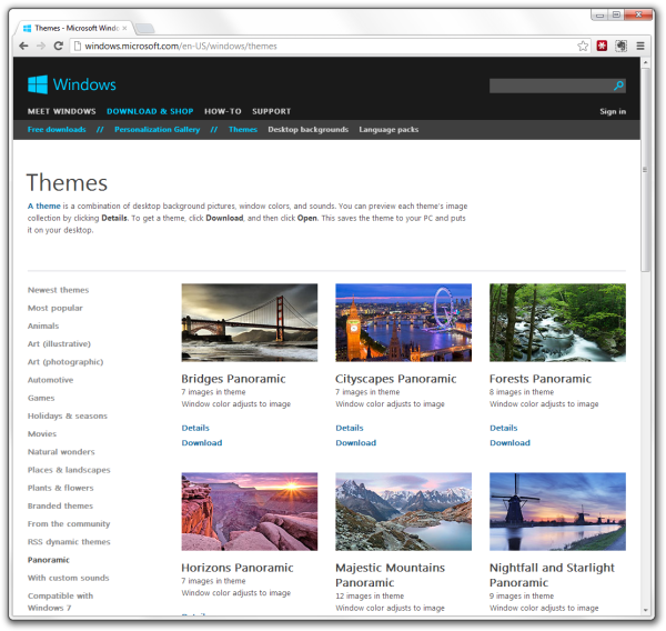 Microsoft Windows Personalization Gallery website screenshot