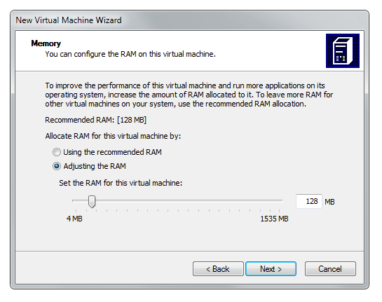 Virtual PC wizard memory settings