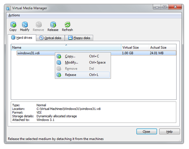 VirtualBox Media Manager release VDI file