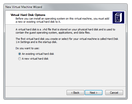 Virtual PC wizard hard drive settings