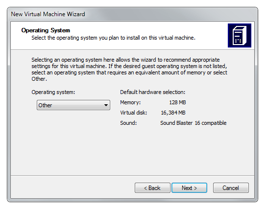 Virtual PC wizard operating system specification