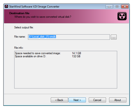Start V2V Image Converter select output