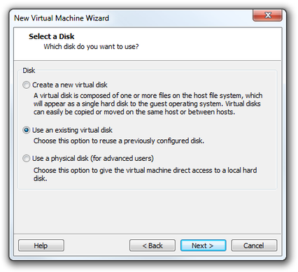 VMware Workstation Virtual Machine Wizard select disk