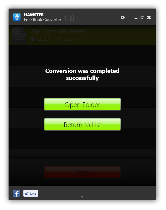 Hamster eBook Converter conversion finished.