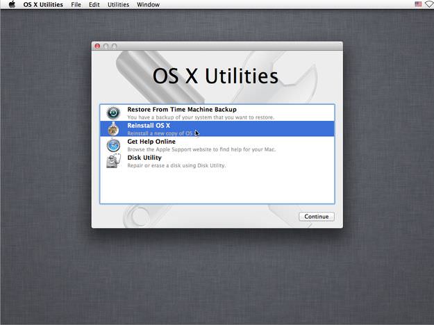 OS X Utilities Reinstall OS X option