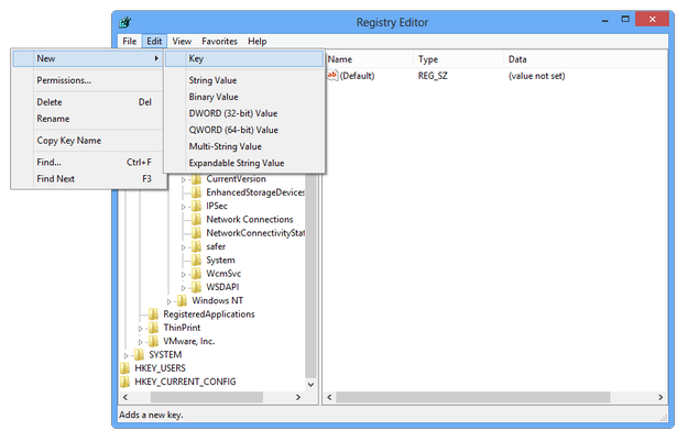 Registry Editor create a new key