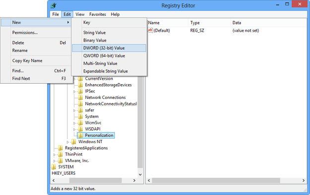 Registry Editor create a new DWORD Value