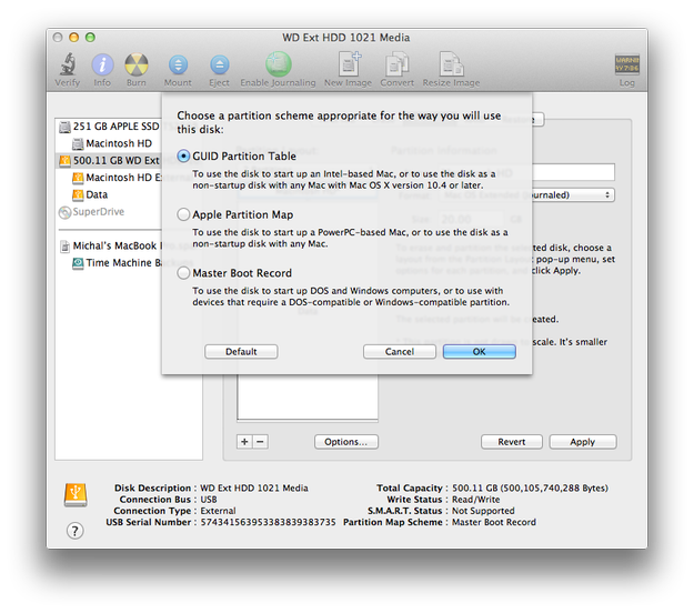 Apple Disk Utility partition scheme settings