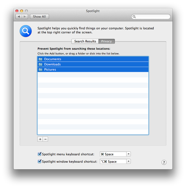 Apple Mac OS X Spotlight search private list