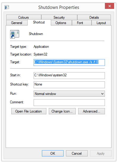 Windows 8 shortcut properties