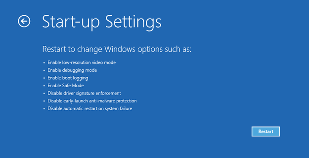 Windows 8 start-up settings