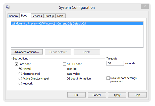 Windows 8 boot to safe mode with System Configuration