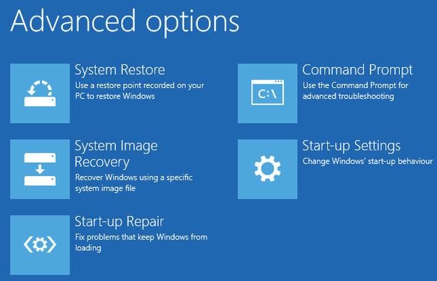 Windows 8 troubleshoot Advanced options