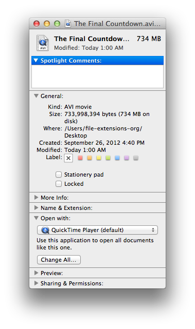 Mac OS X Get Info open with