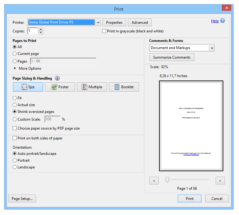 Printing setup window with PS virtual printer selected