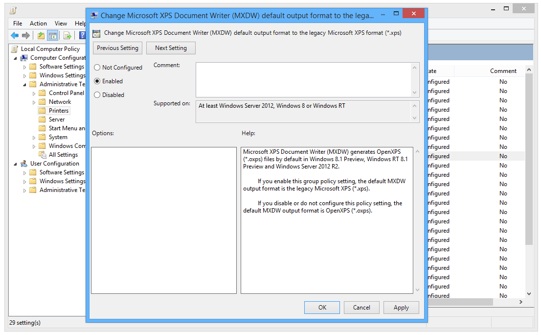 Changing Microsoft XPS Document Writer policy settings