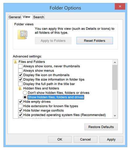 Windows 8.1 folder options show hidden files option