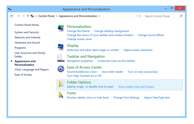 Windows 8.1 Control Panel show hidden files and folders