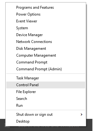 Microsoft Windows 10 Control Panel option