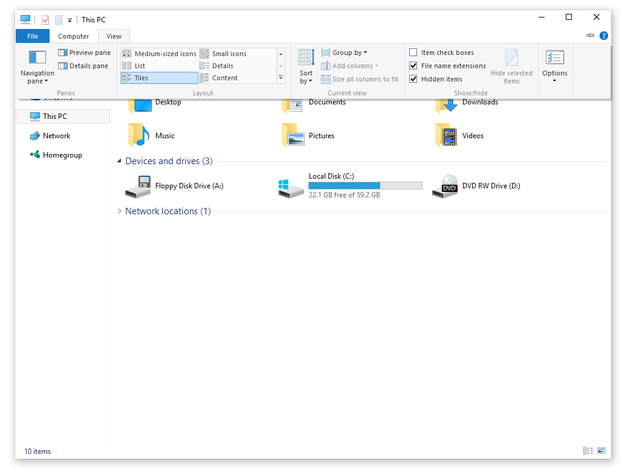 Microsoft Windows 10 show file extensions option
