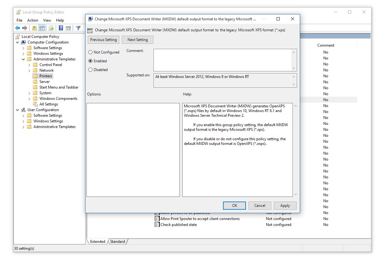 Enabling the MXDW related group policy in Windows 10