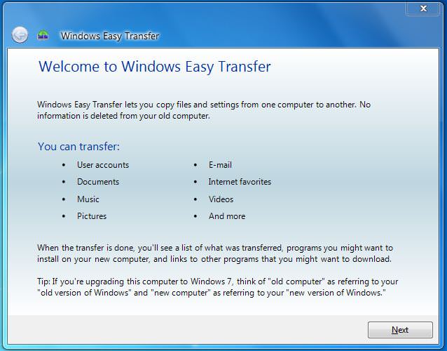 Windows Easy Transfer picture or screenshot