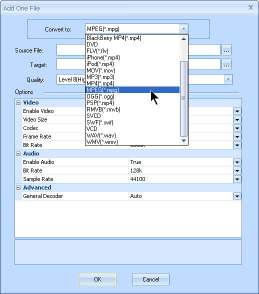 Choose MPG as the output format in MyVideoConverter.