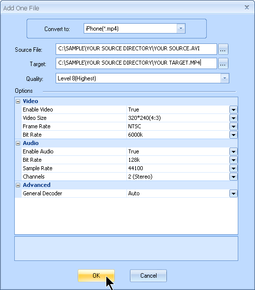 Set up the output MP4 (iPhone) filename and any additional audio video settings customized by MyVideoConverter.