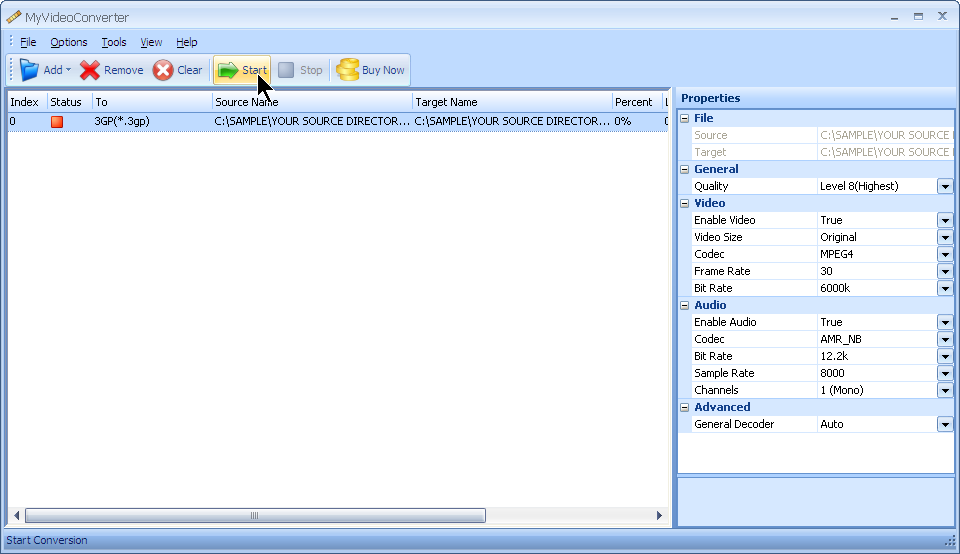 Press start to convert your AVI file to 3GP file format with MyVideoConverter.