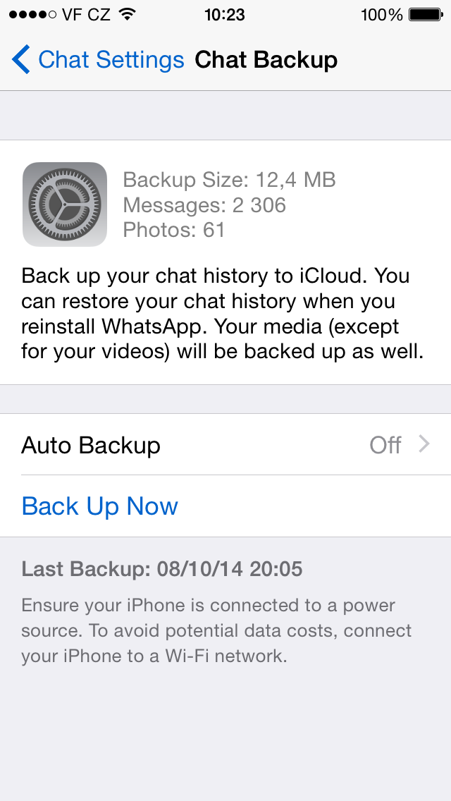WhatsApp for iPhone chat backup settings screenshot