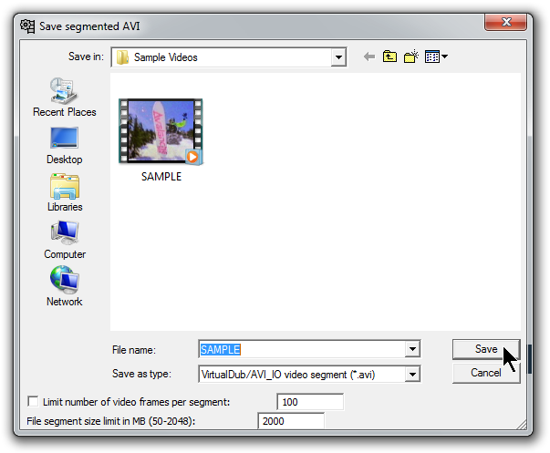 Saving segmented AVI screenshot