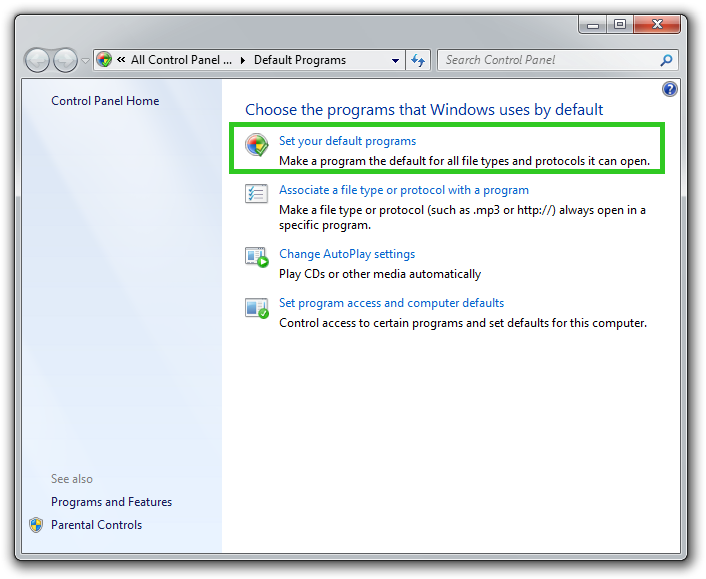 Default Programs control panel screenshot