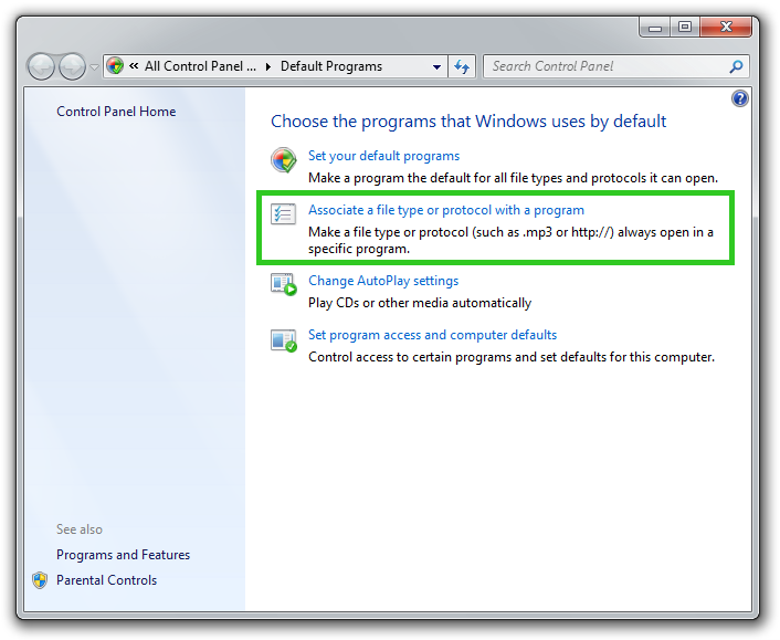 Default Programs control panel screenshot