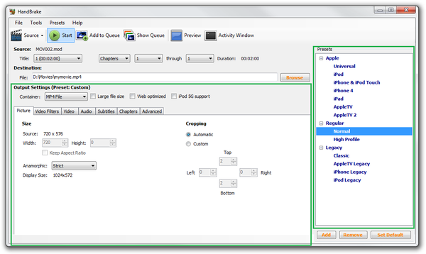 HandBrake output settings and presets