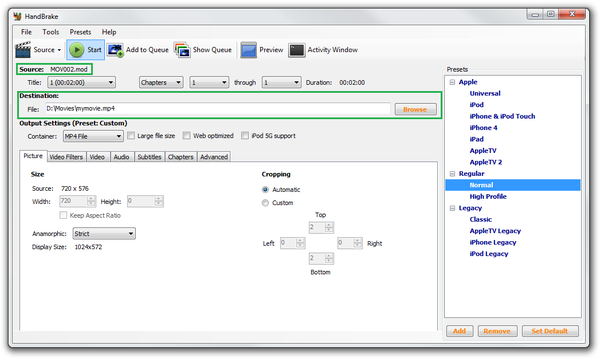 HandBrake source and destination settings