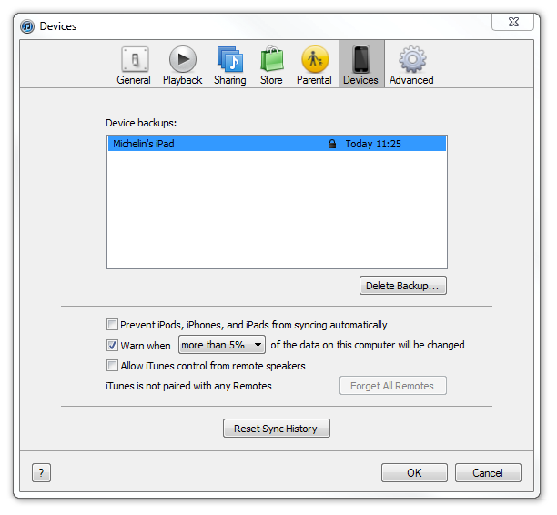 Apple iTunes device backup menu