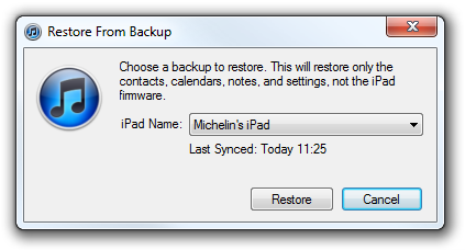 Apple iTunes restore from backup window