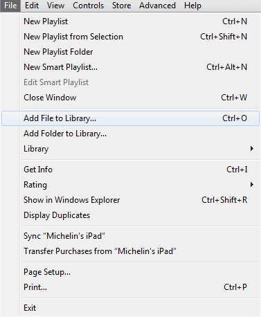 File menu in Apple iTunes