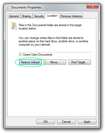 Screenshot of Document Properties with highlighted Restore Default button