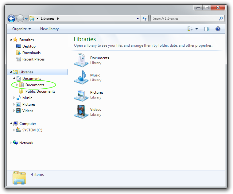 Libraries shown in Windows Explorer