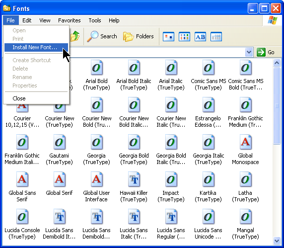 Microsoft Windows XP Fonts control panel screenshot