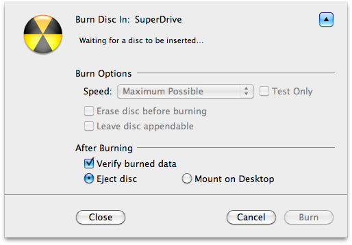 Apple Disk Utility Burn Menu