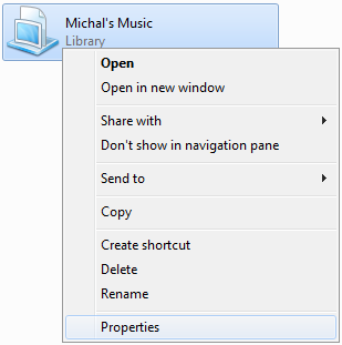 Windows Library menu properties