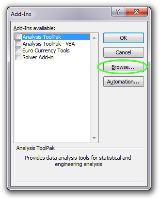 Add-Ins window in Microsoft Excel