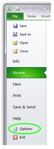 Microsoft Excel 2010 File Panel Screenshot