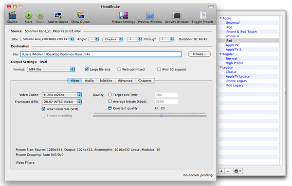 HandBrake for Mac set destination folder and file name