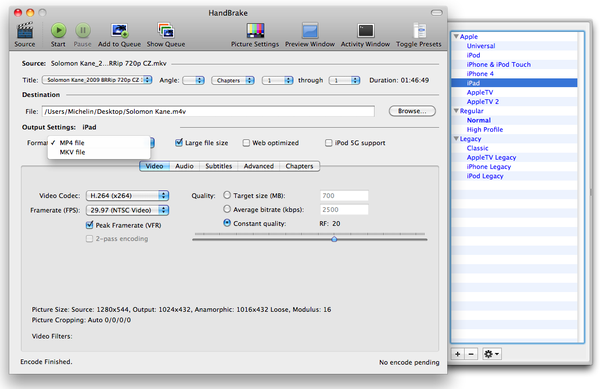 HandBrake for Mac select output format